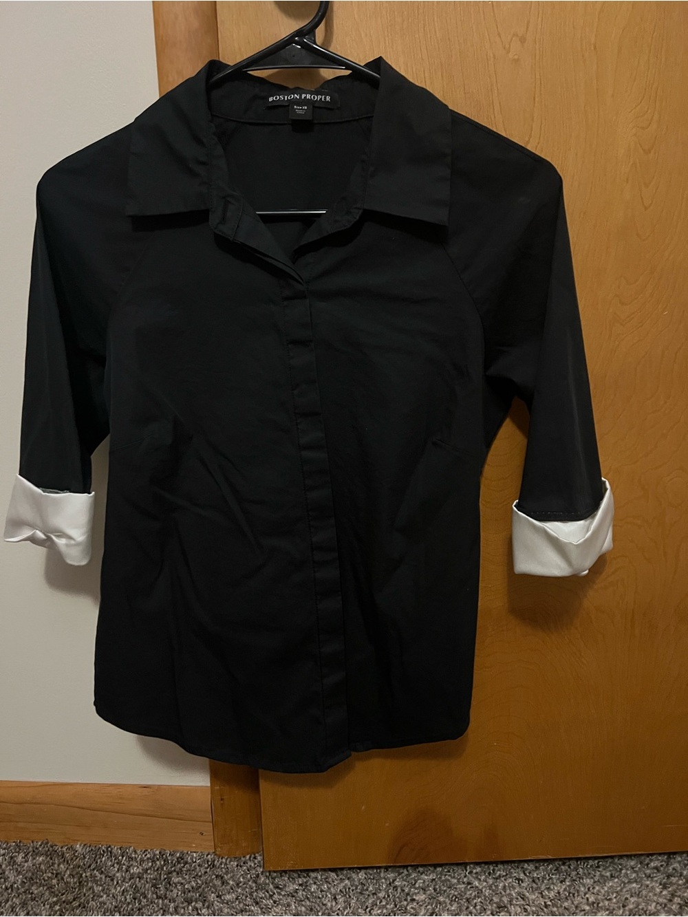 Boston Proper Black Button-Up Shirt with White Contrast Cuffs